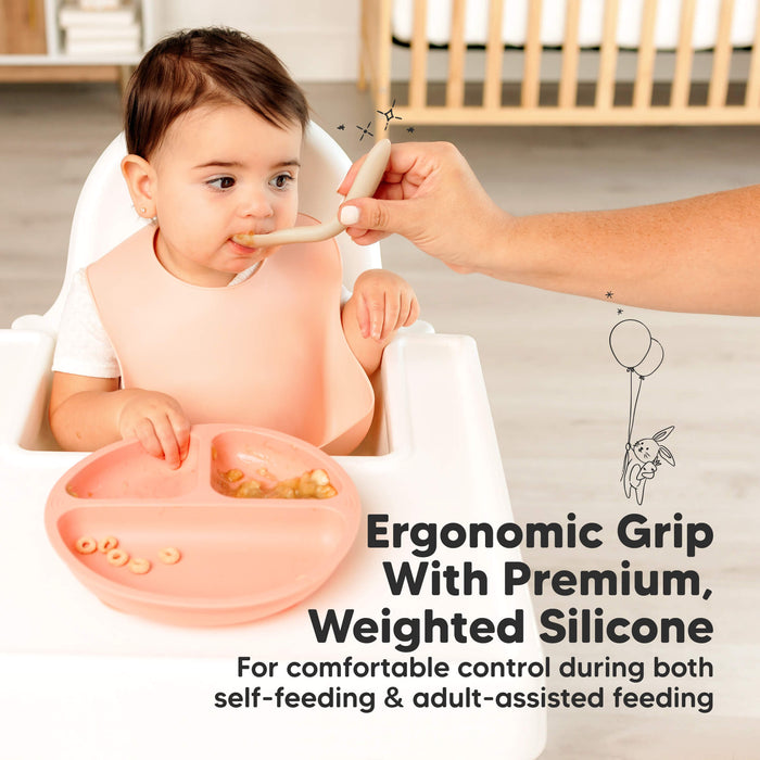Ergonomic Grip With Premium Weighted Silicone, for comfortable control during both self-feeding and adult-assisted feeding.