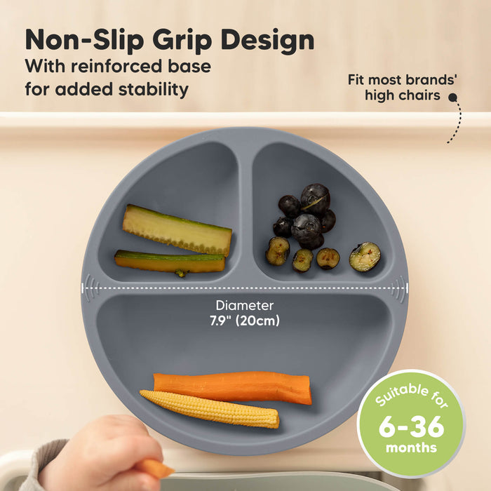 Non-Slip Grip Design with reinforced base for added stability, fits most brands’ high chairs, diameter 7.9 in (20 cm), suitable for 6–36 months.