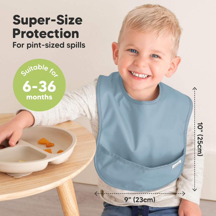 Super-Size Protection - For pint-sized spills. Suitable for 6-36 months
10 inches by 9 inches or 25cm by 23cm