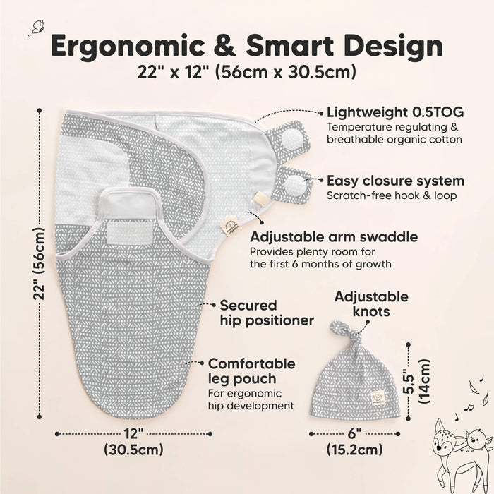 Ergonomic & Smart Design - size at 22inches long x 12inches wide and knot hat size at 5.5inches long x 6inches wide (Lightweight 0.5TOG, Easy closure system, Adjustable arm swaddle, Secured hip positioner, Adjustable
knots, and Comfortable leg pouch)