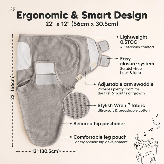 Ergonomic & Smart Design, measures 22 × 12 in (56 × 30.5 cm), lightweight 0.5 TOG for all-season comfort, easy scratch-free hook & loop closure, adjustable arm swaddle, secured hip positioner, and comfortable leg pouch for ergonomic hip development.