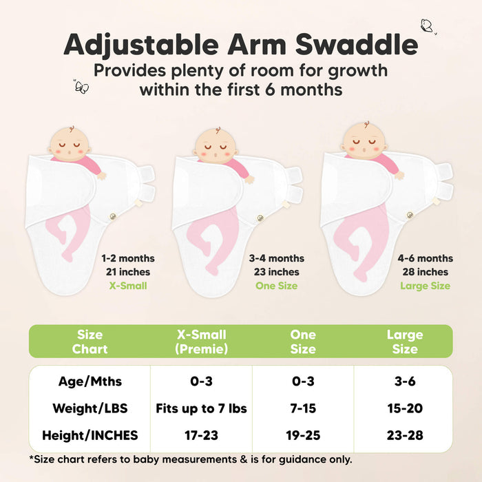 Adjustable Arm Swaddle provides plenty of room for growth within the first 6 months, with sizes for 0–3 months and 3–6 months based on baby’s weight and height.