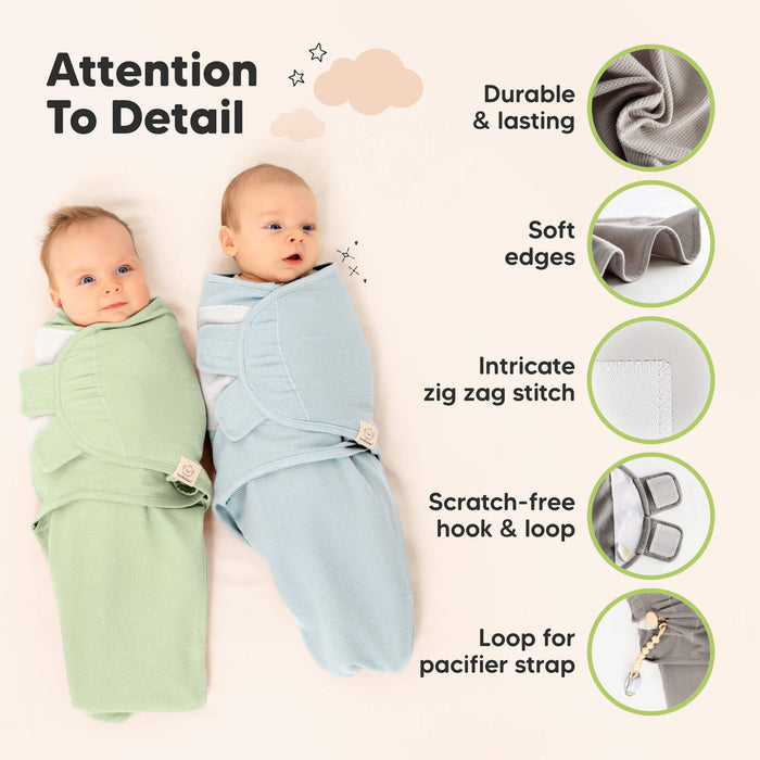 Attention To Detail with durable construction, soft edges, intricate zig-zag stitching, scratch hook & loop closure, and loop for pacifier strap.