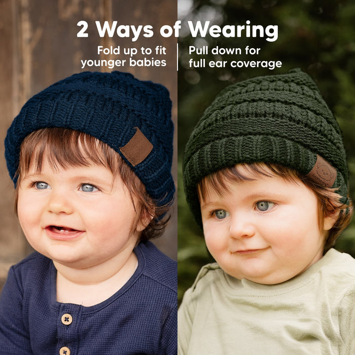 2 Ways Of Wearing, fold up for younger babies or pull down for full ear coverage.