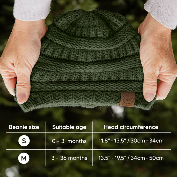 Beanie Size Guide: S for 0–6 months with head circumference 11–16.5 in (28–42 cm), M for 6–36 months with head circumference 13–19.5 in (33–50 cm).