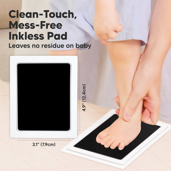 Clean-touch, mess-free inkless pad, size 3.1 × 4.9 inches, leaves no residue on baby.
