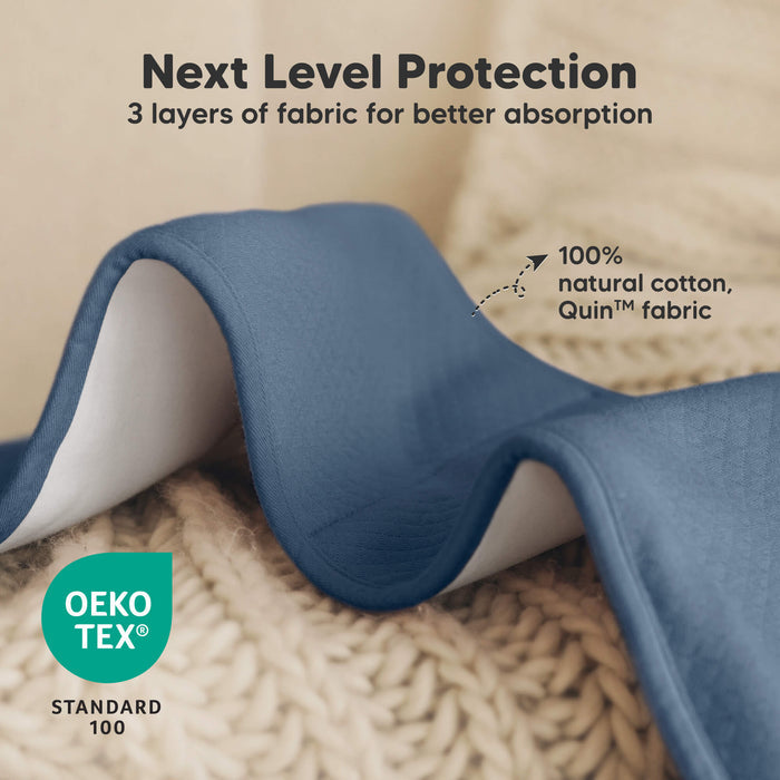 Next Level Protection with 3 layers of fabric for better absorption, made with 100% natural cotton Quin™ fabric, OEKO TEX STANDARD 100 certified