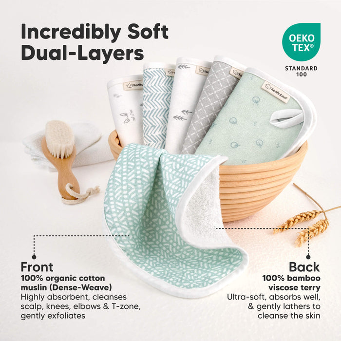 Incredibly Soft Dual-Layers
Front - 100% organic muslin (Dense-Weave
Back - 100% bamboo viscose terry
