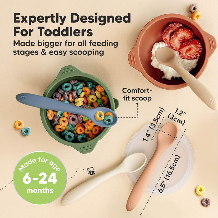 Expertly Designed For Toddlers, made bigger for all feeding stages and easy scooping, comfort fit scoop, suitable for 6–24 months, measures about 6.5 in (16.5 cm).