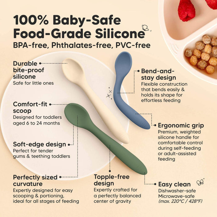 100% Baby-Safe Food-Grade Silicone, BPA-free, phthalates-free, PVC-free, durable yet soft, comfort-fit scoop, soft-edge design, perfectly sized for easy portion feeding, bend-and-stay flexibility, ergonomic grip handle, easy to clean, dishwasher-safe, microwave-safe, freezer-safe.