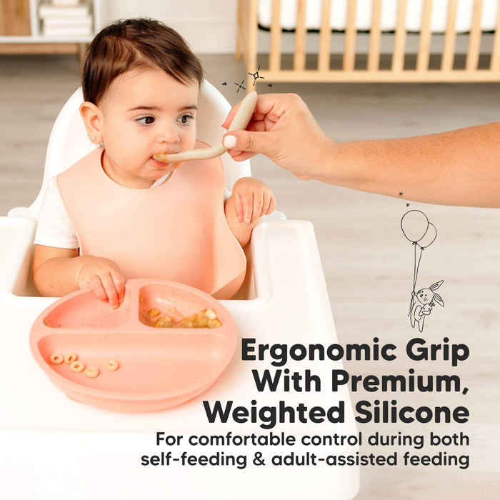 Ergonomic Grip With Premium Weighted Silicone, for comfortable control during both self-feeding and adult-assisted feeding.
