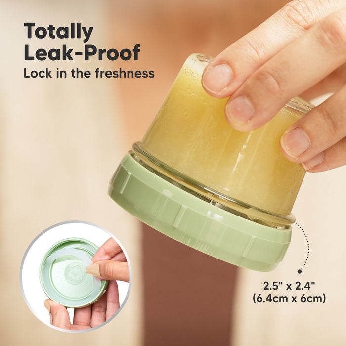 Totally Leak-Proof to lock in freshness. 2.5" x 2.4" (6.4x6cm)