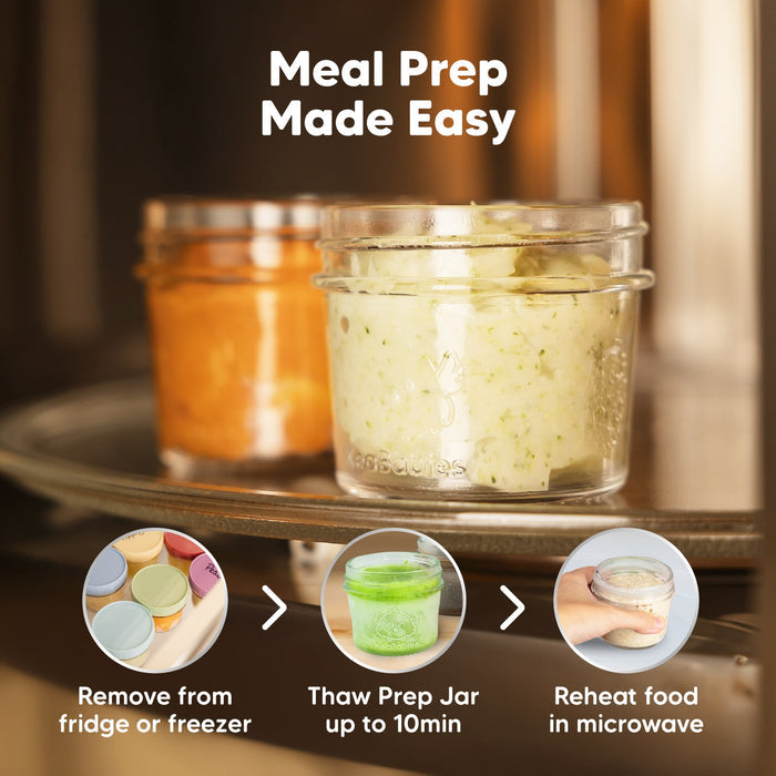 Meal Prep Made Easy, remove from fridge or freezer, thaw prep jar up to 10 minutes, then reheat food in the microwave.