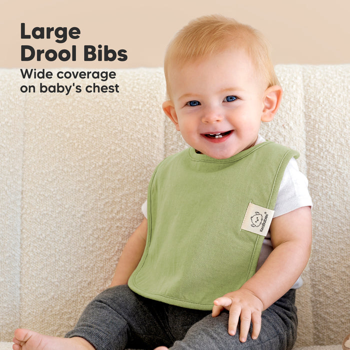 Large drool bibs - wide coverage on baby's chest.