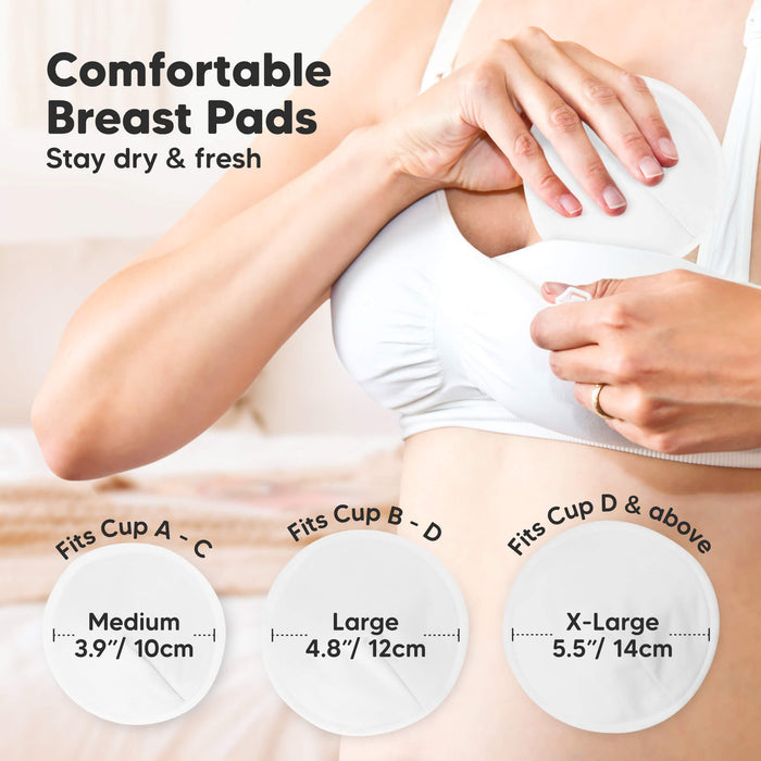 Comfortable Breast Pads - Stay dry & fresh. Medium sized at 3.9" / 10cm - Fits Cup A - C, Large sized at 4.8" / 12cm - Fits Cup B - D, X-Large sized at 5.5" / 14cm - Fits Cup D & above
