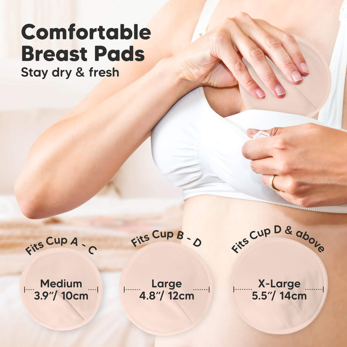Comfortable Breast Pads - Stay dry & fresh. Medium sized at 3.9" / 10cm - Fits Cup A - C, Large sized at 4.8" / 12cm - Fits Cup B - D, X-Large sized at 5.5" / 14cm - Fits Cup D & above