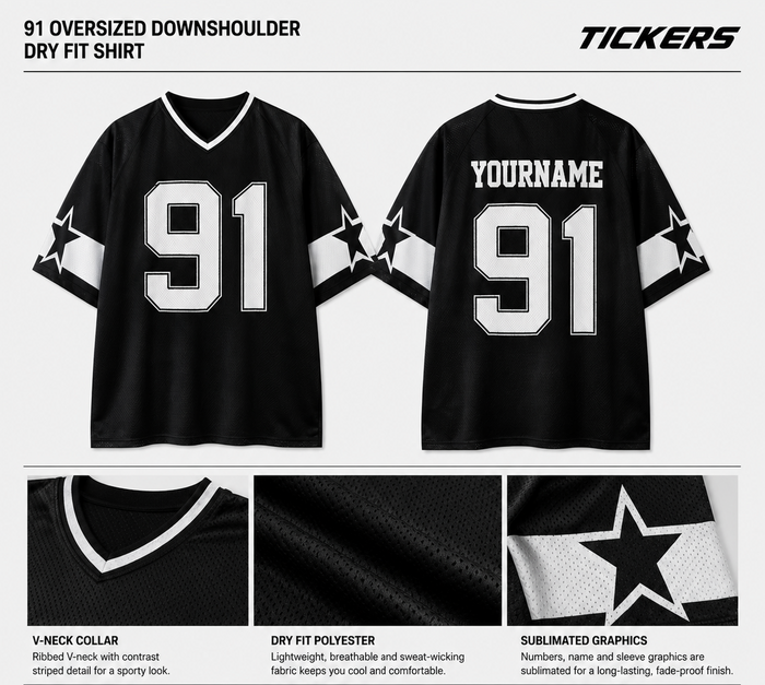91 Oversized Down Shoulder Dry Fit Shirt – Custom Name & Number Sports Jersey | Tickers