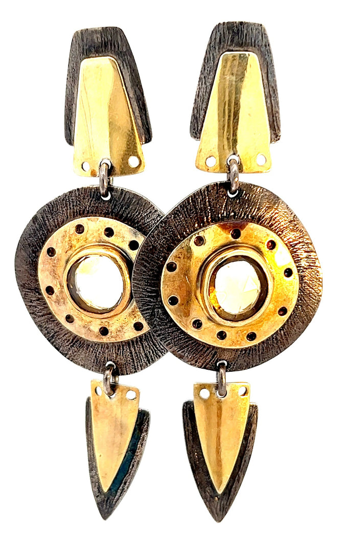 925 gold and silver gemstone drop earring with a bold geometric layered design, textured mixed-metal finish, and central gemstone detail.