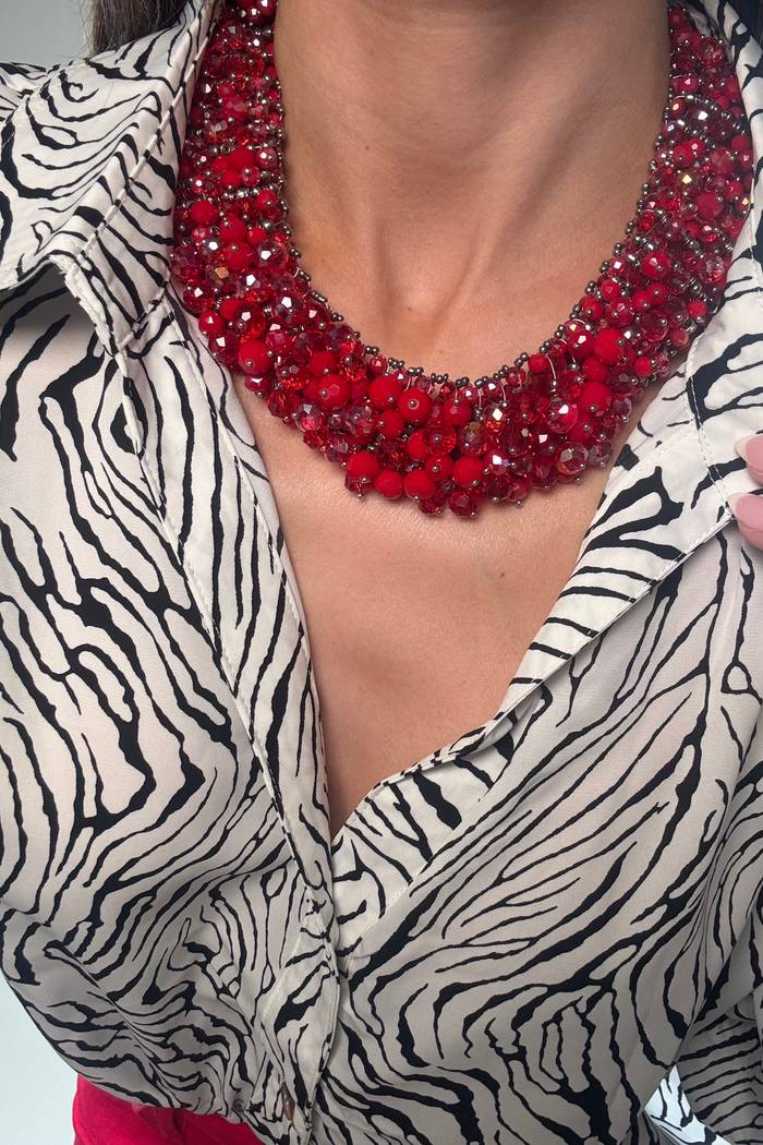 Style the Harper Ruby Red Collar Statement Necklace exclusively at Born To Glam