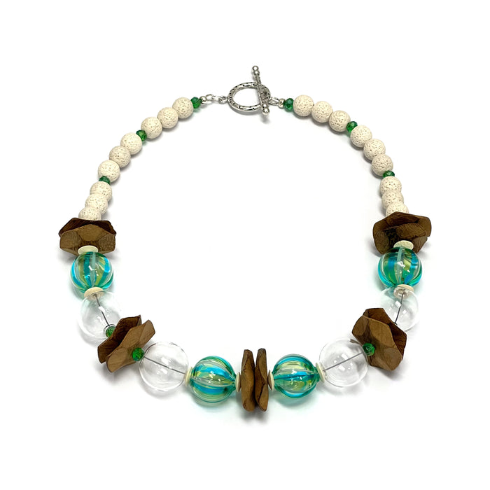 Necklace 12 (Green + Clear Murano Glass Beads, Brown Rosewood, + White Lava Beads)