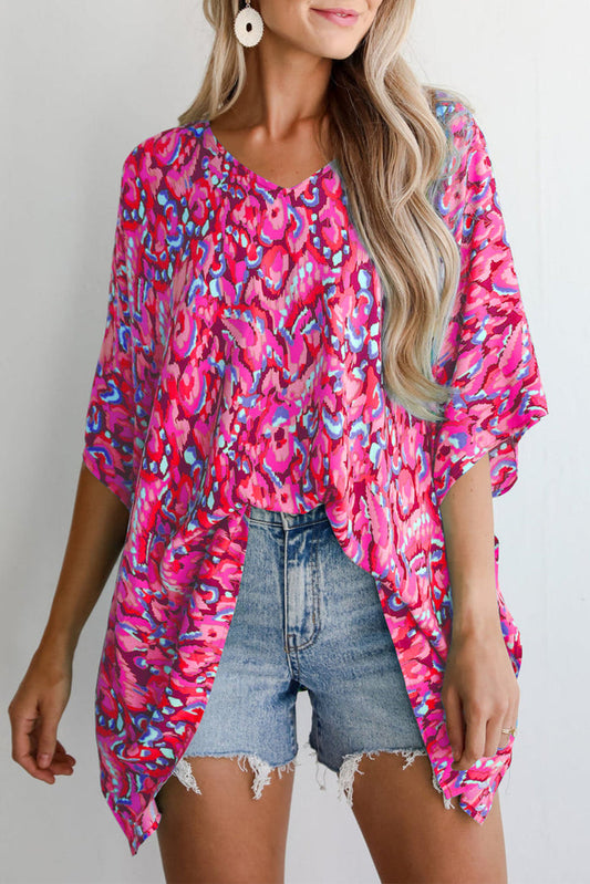 Pink Abstract Print V Neck Half Sleeve Loose Fit Tunic Blouse - S / 100% Polyester - Tops/Blouses & Shirts