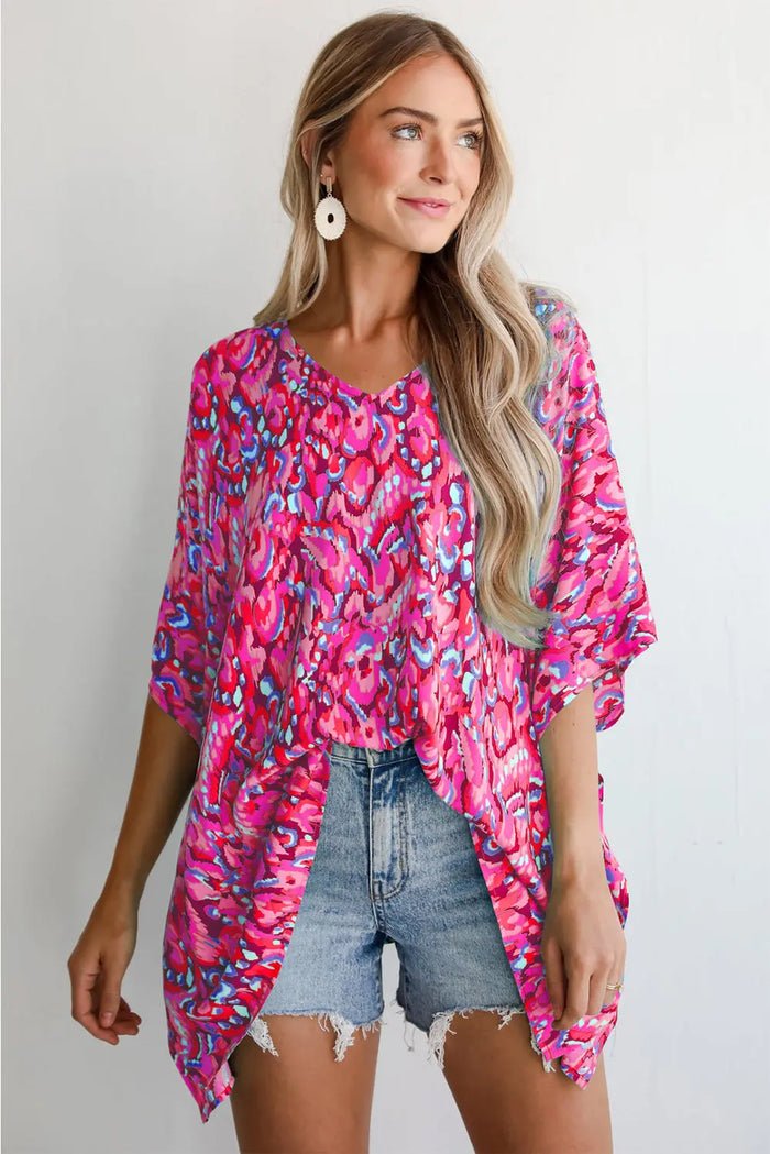 Pink Abstract Print V Neck Half Sleeve Loose Fit Tunic Blouse - Tops/Blouses & Shirts