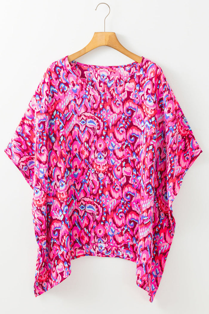 Pink Abstract Print V Neck Half Sleeve Loose Fit Tunic Blouse - Tops/Blouses & Shirts