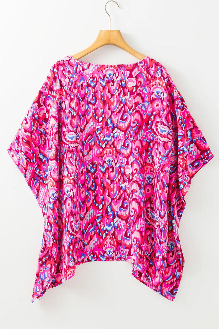 Pink Abstract Print V Neck Half Sleeve Loose Fit Tunic Blouse - Tops/Blouses & Shirts
