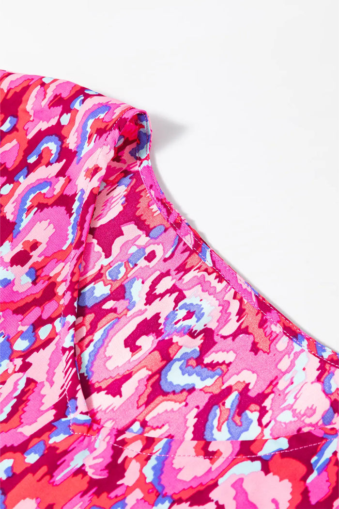 Pink Abstract Print V Neck Half Sleeve Loose Fit Tunic Blouse - Tops/Blouses & Shirts