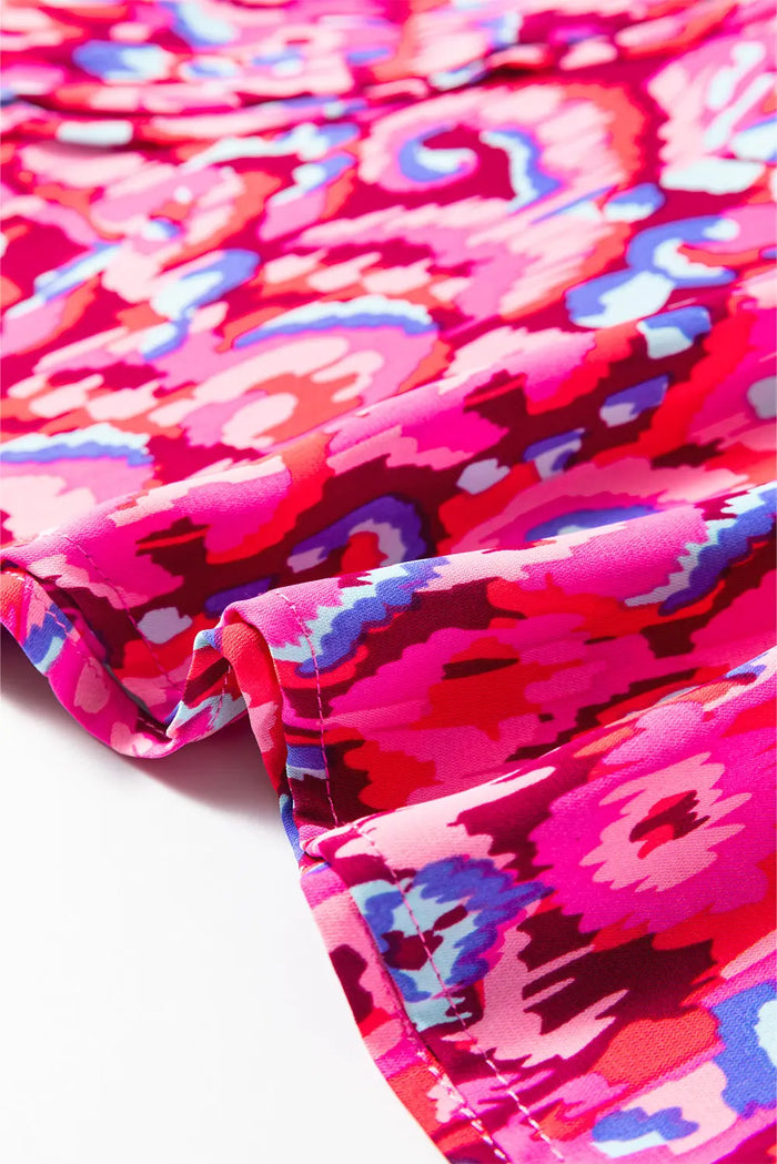 Pink Abstract Print V Neck Half Sleeve Loose Fit Tunic Blouse - Tops/Blouses & Shirts