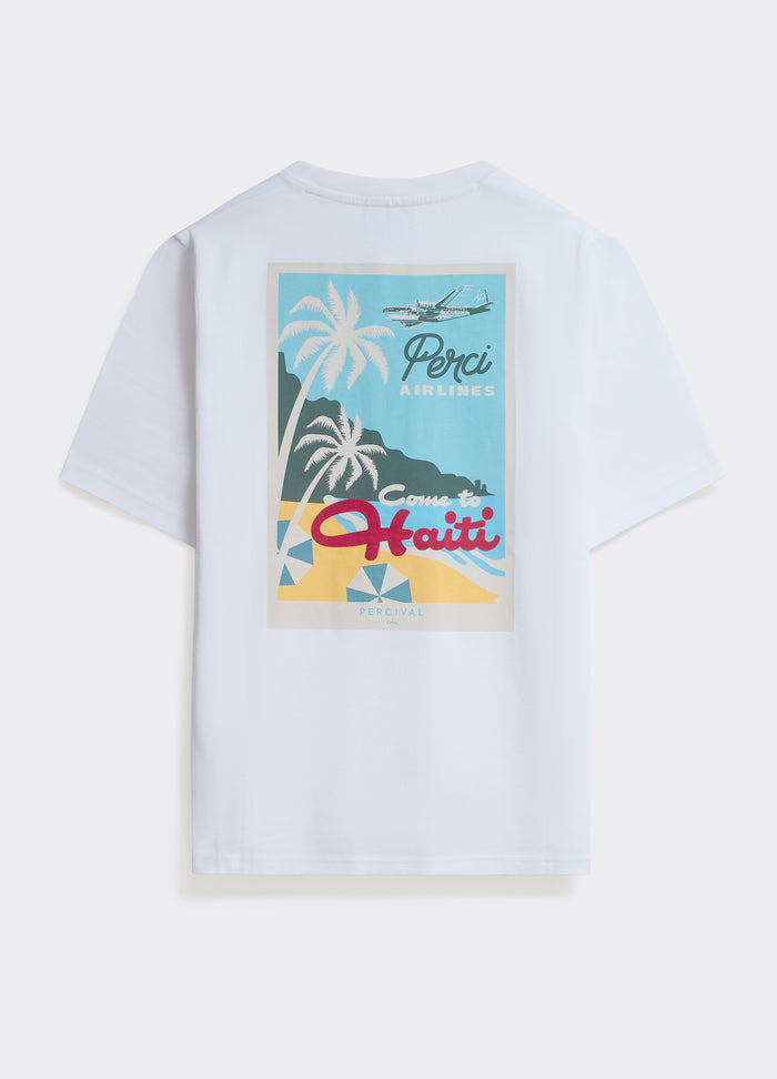 The Percival Aero T-shirt in optic white cotton jersey, featuring a large vintage Haiti travel graphic on the back.