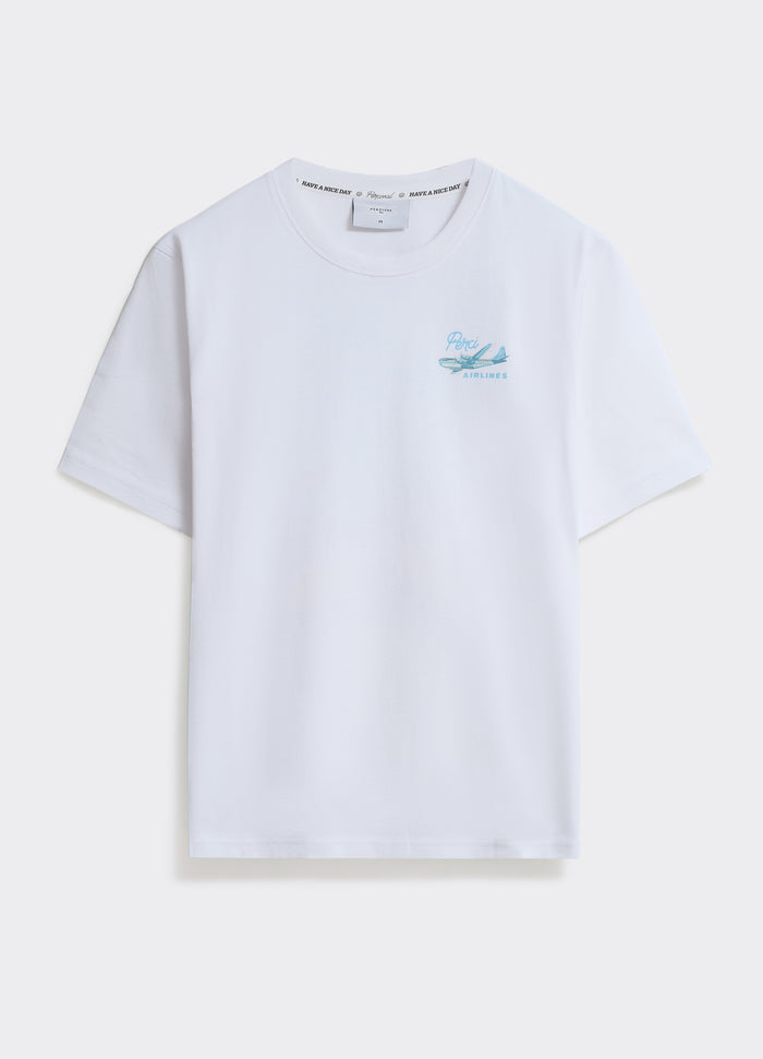 The Percival Aero T-Shirt in optic white cotton jersey with a blue chest graphic, shown against a plain background.