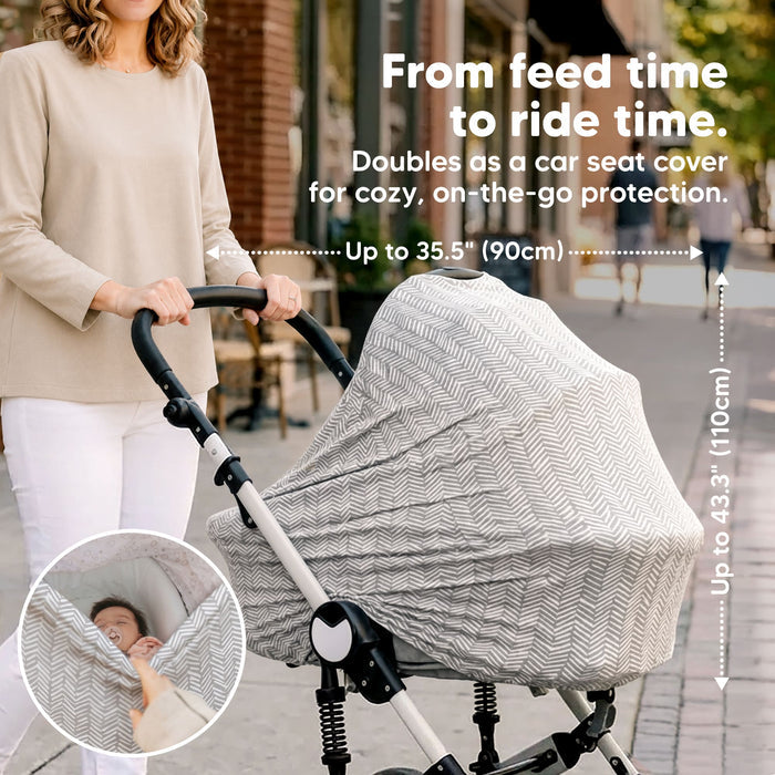 From feed time to ride time.
Doubles as a car seat cover for cozy, on-the-go protection.  Width is Up to 35.5" (90cm). Length is Up to 43.3" (110cm)