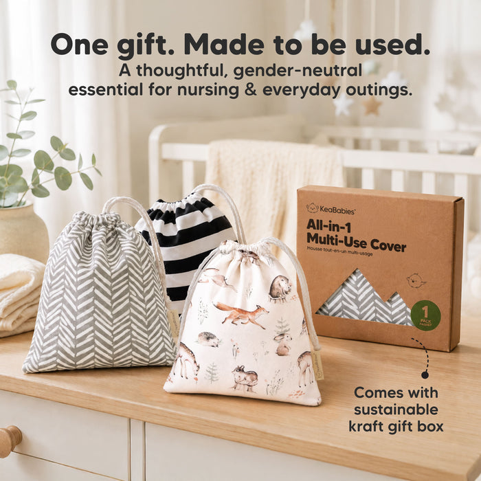 One gift. Made to be used. A thoughtful, gender-neutral essential for nursing & everyday outings. Comes with sustainable kraft gift box