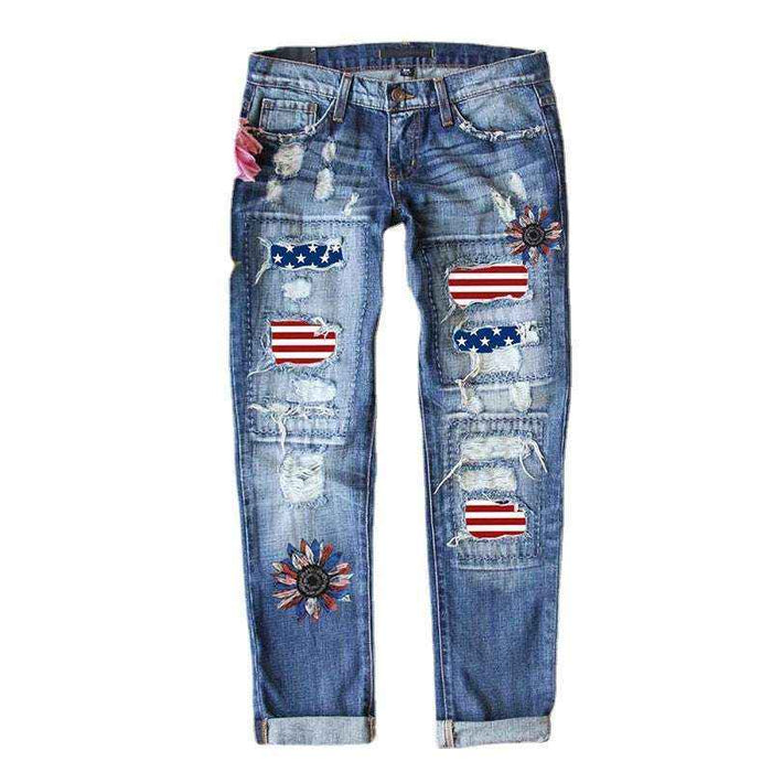 Distressed American flag jeans with flower print and ripped finish