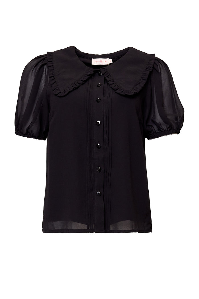 Black blouse with ruffled collar and puff sleeves on a white background