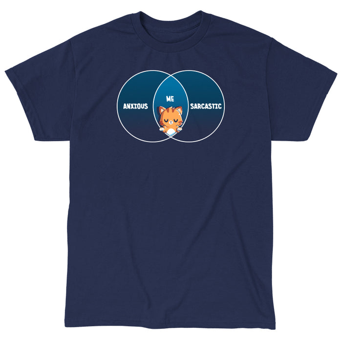 Classic Cotton T-shirt_TeeTurtle Anxious and Sarcastic navy blue t-shirt featuring a shrugging cartoon cat set in the middle of a diagram with 'Anxious' on one side and 'Sarcastic' on the other with 'Me' above its head in the middle.