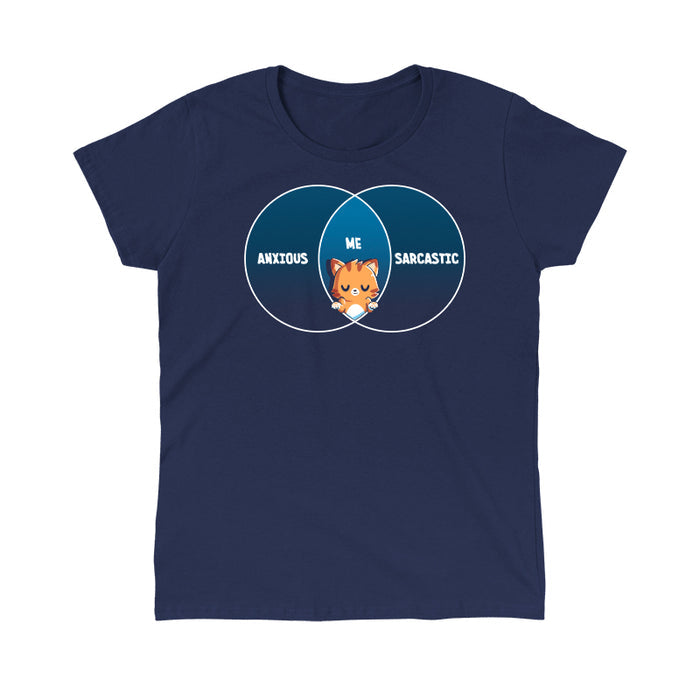 Classic Cotton T-shirt_TeeTurtle Anxious and Sarcastic navy blue t-shirt featuring a shrugging cartoon cat set in the middle of a diagram with 'Anxious' on one side and 'Sarcastic' on the other with 'Me' above its head in the middle.