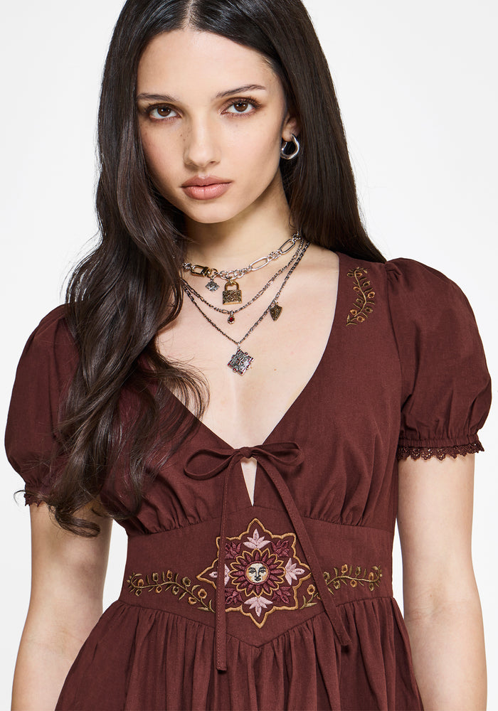 Arianwen Embroidered Puff Sleeve Midaxi Dress - Rust