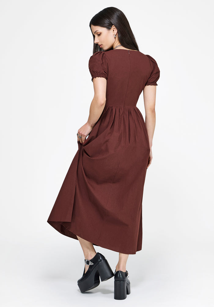 Arianwen Embroidered Puff Sleeve Midaxi Dress - Rust