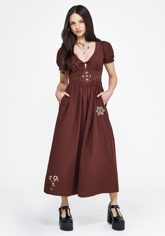 Arianwen Embroidered Puff Sleeve Midaxi Dress - Rust