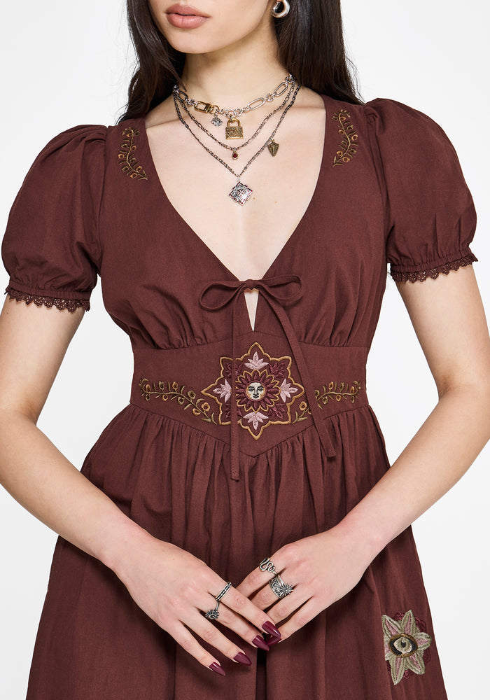 Arianwen Embroidered Puff Sleeve Midaxi Dress - Rust