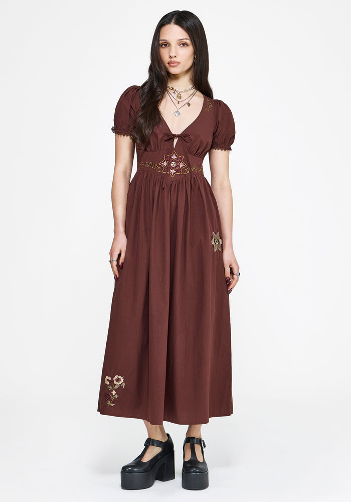 Arianwen Embroidered Puff Sleeve Midaxi Dress - Rust