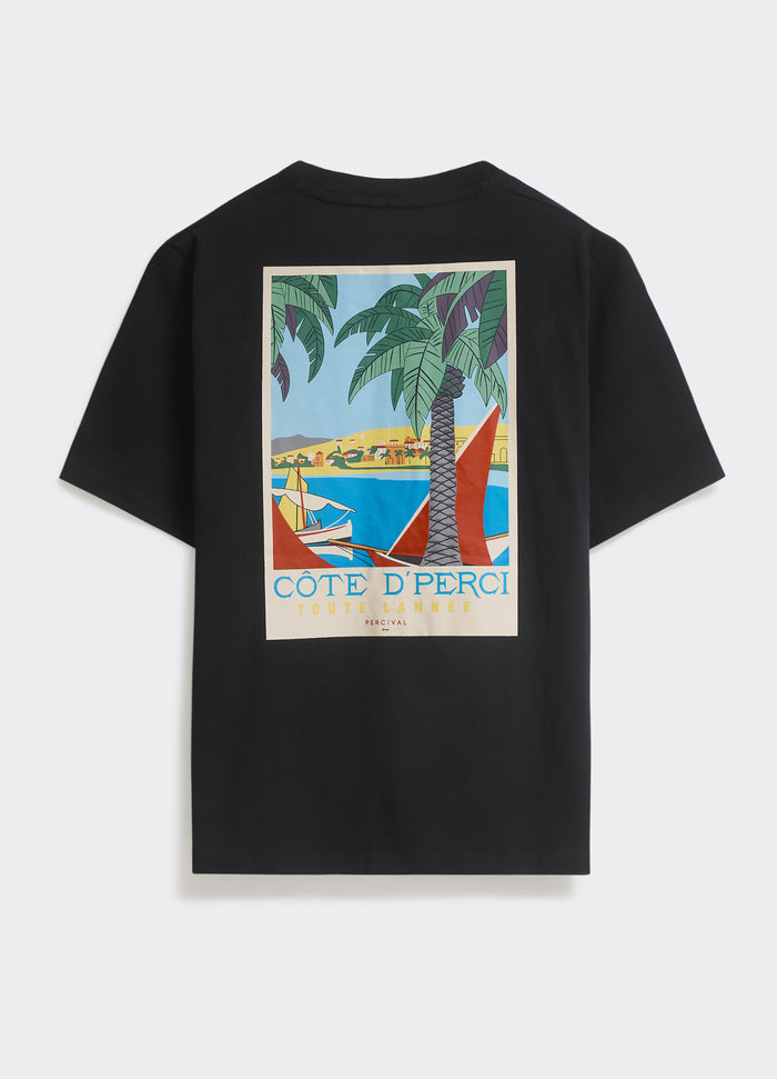 The Percival Azur T-shirt in black cotton jersey, featuring a colourful Riviera postcard graphic on the back.