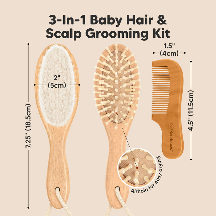 3-in-1 Baby Hair & Scalp Grooming Kit, hairbrush size 7.25" x 2" and comb size 4.5" x 1.5"