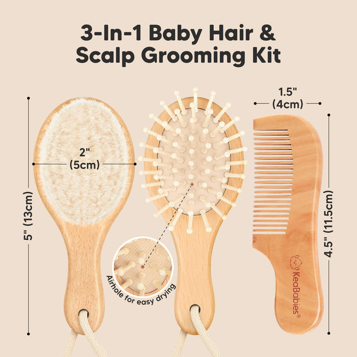 3-in-1 Baby Hair & Scalp Grooming Kit, hairbrush size 5" x 2" and comb size 4.5" x 1.5"
