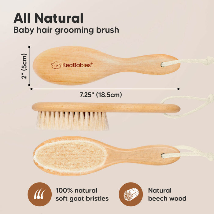 All Natural - Baby hair grooming brush, size 7.25" x 2" (100% natural soft goat bristles and Natural beech wood)
