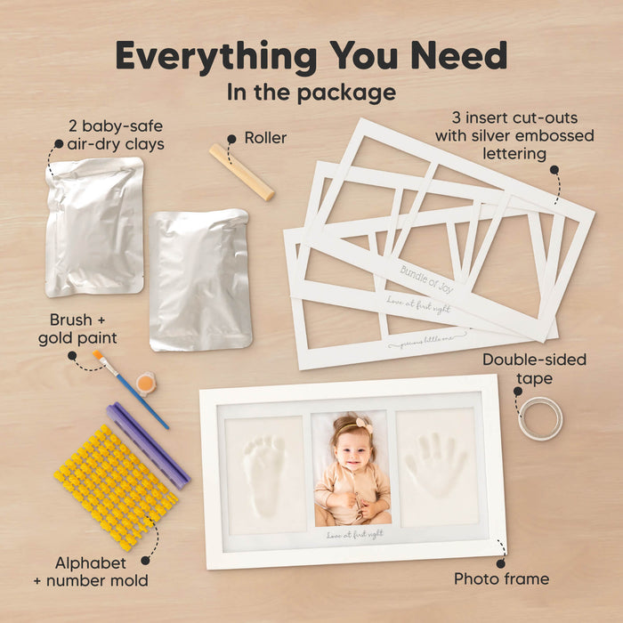 Everything You Need in the package: 2 baby-safe air-dry clays, roller, 3 insert cut-outs with silver embossed lettering, brush + gold paint, alphabet + number mold, double-sided tape, and photo frame