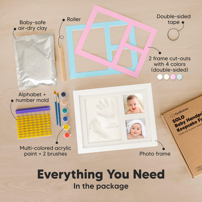 Everything You Need in the package: baby-safe air-dry clay, roller, double-sided tape, 2 frame cut-outs with 4 colors (double-sided), alphabet + number mold, multi-colored acrylic paint + 2 brushes, and photo frame