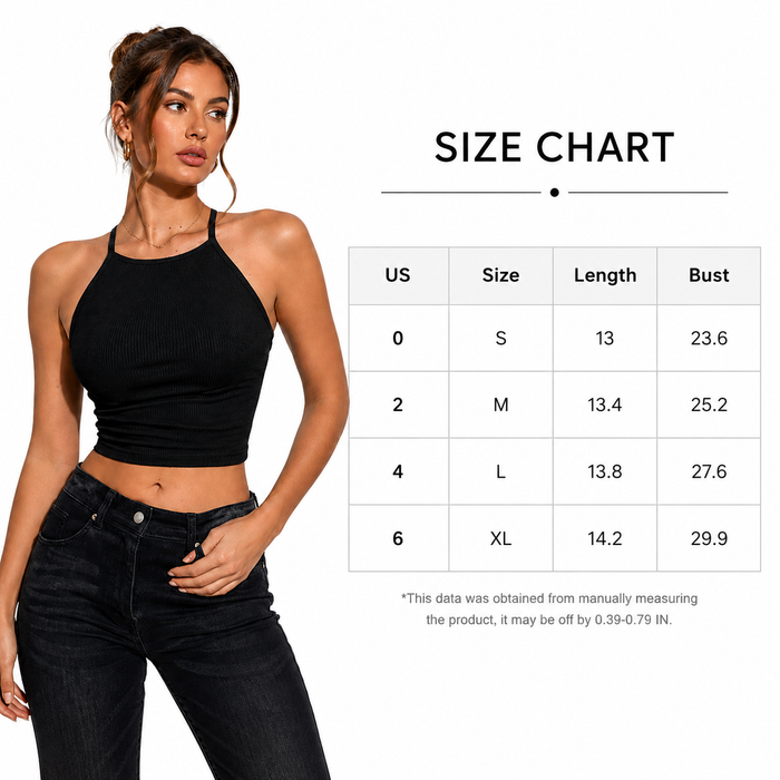 Size chart image for backless halter tank top women S to XL